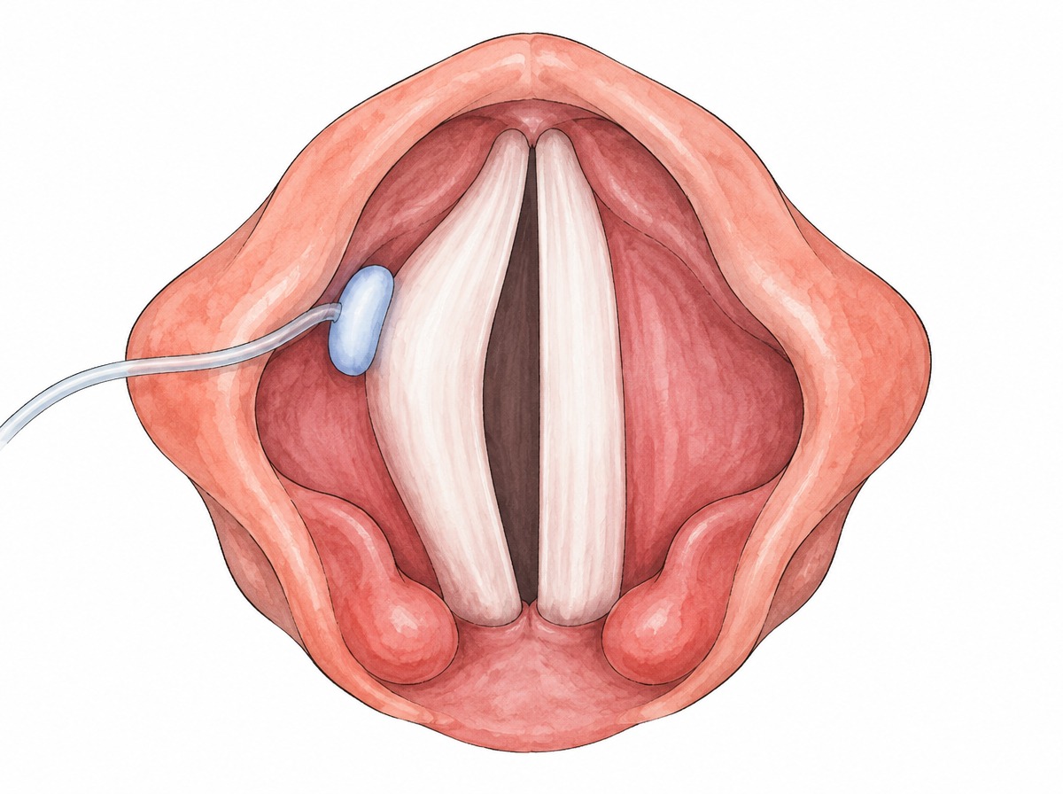 Farbige Zeichnung des Kehlkopfes von oben: das VOIS-Implantat mit aufblasbarem Silikonkissen stützt die gelähmte Stimmlippe in Richtung Mitte