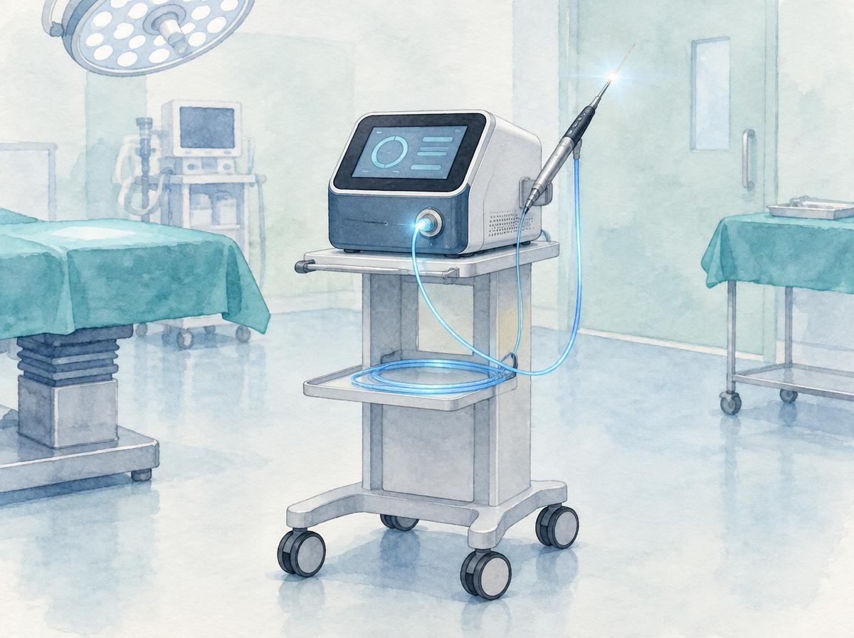 Farbige Zeichnung eines kompakten Diodenlasers auf einem Rollwagen im Operationssaal