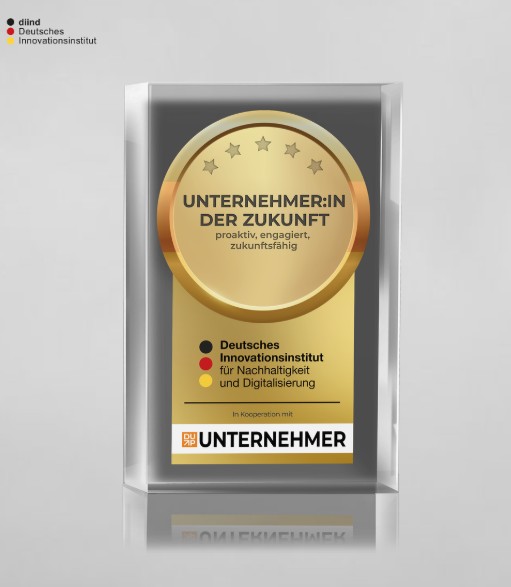 Auszeichnung „Unternehmen der Zukunft" in einem transparenten Aufsteller