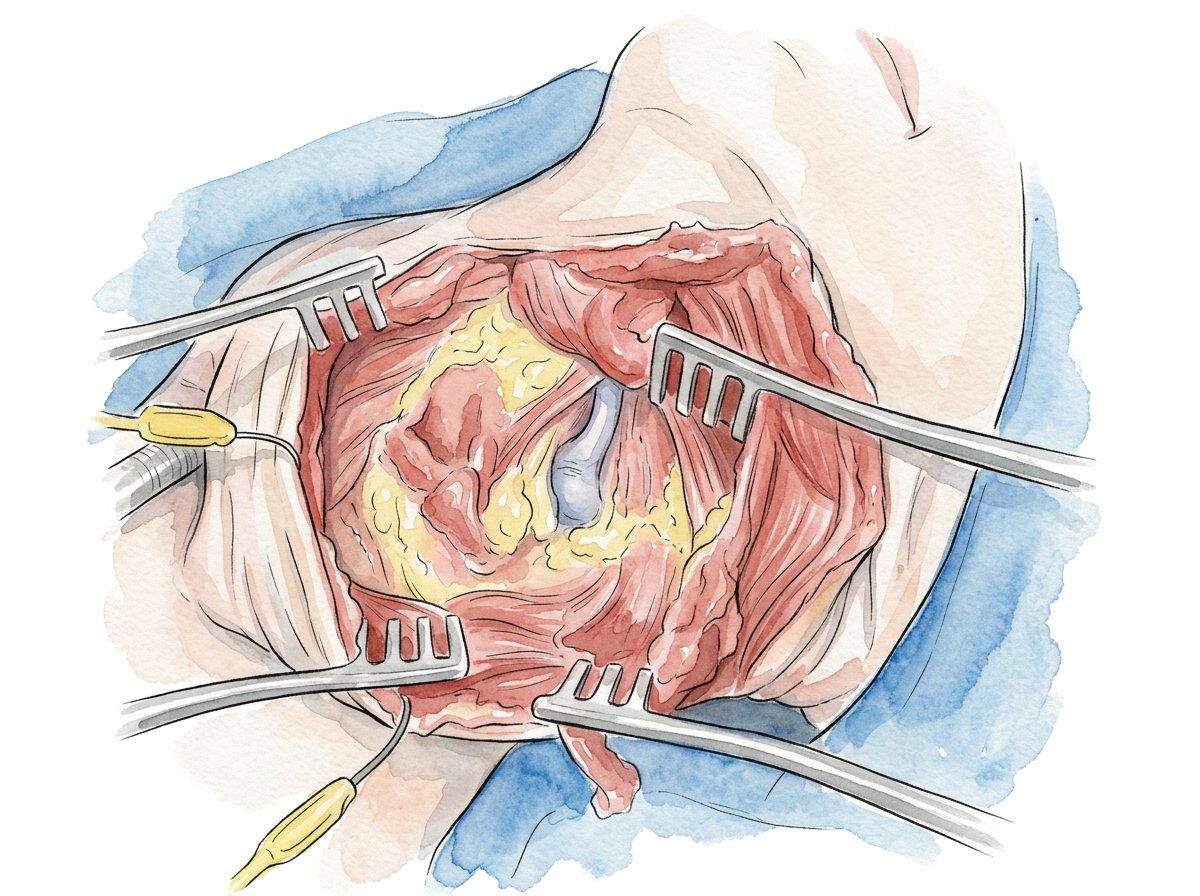 Farbige Zeichnung einer Neck-Dissection: operativ freigelegter Hals mit Wundhaken, Fett- und Muskelgewebe und blauer OP-Abdeckung