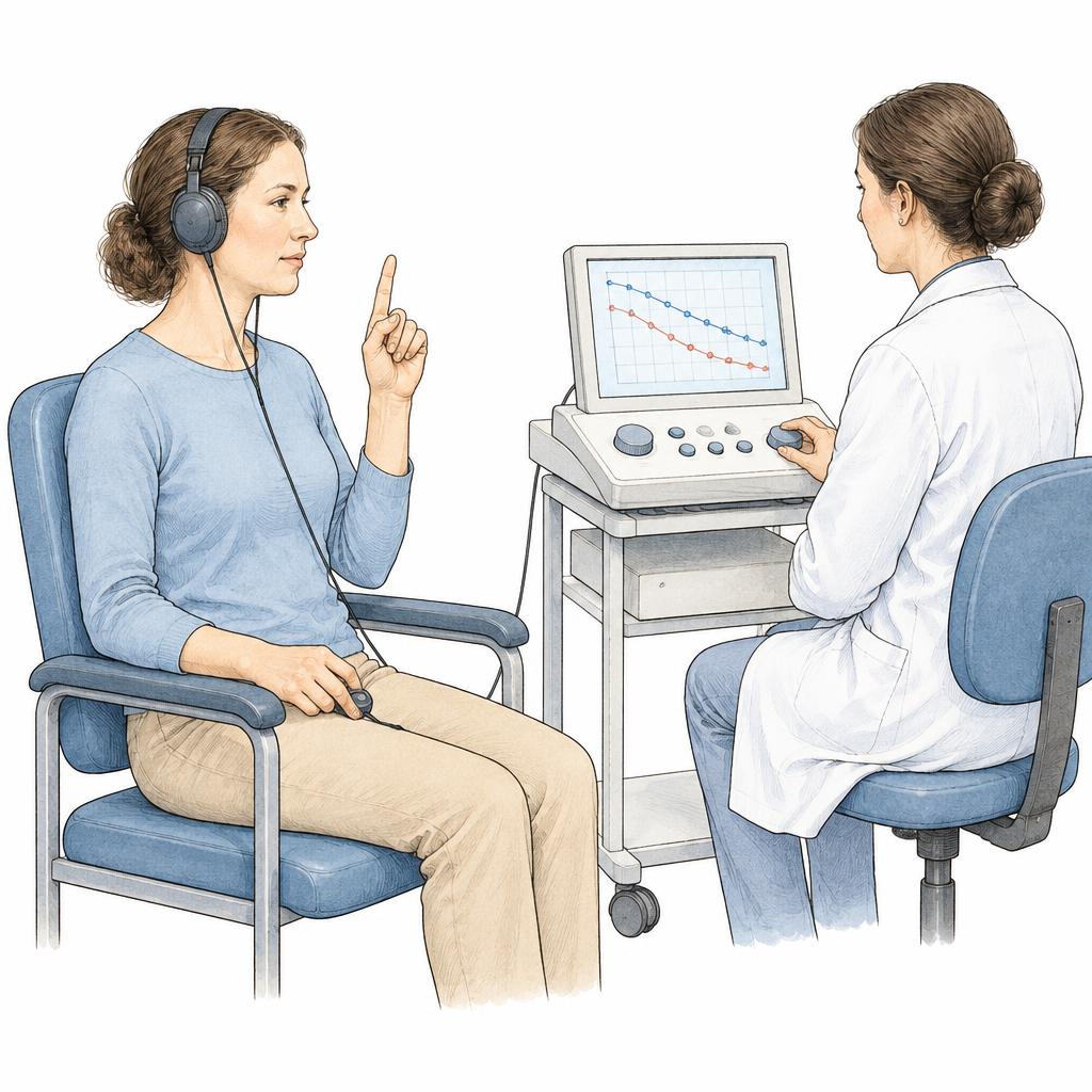 Zeichnung: sitzende Patientin mit Kopfhörern hebt den Zeigefinger, sobald sie einen Ton hört; daneben bedient eine Behandlerin ein Audiometer, dessen Bildschirm ein Audiogramm mit zwei Kurven zeigt