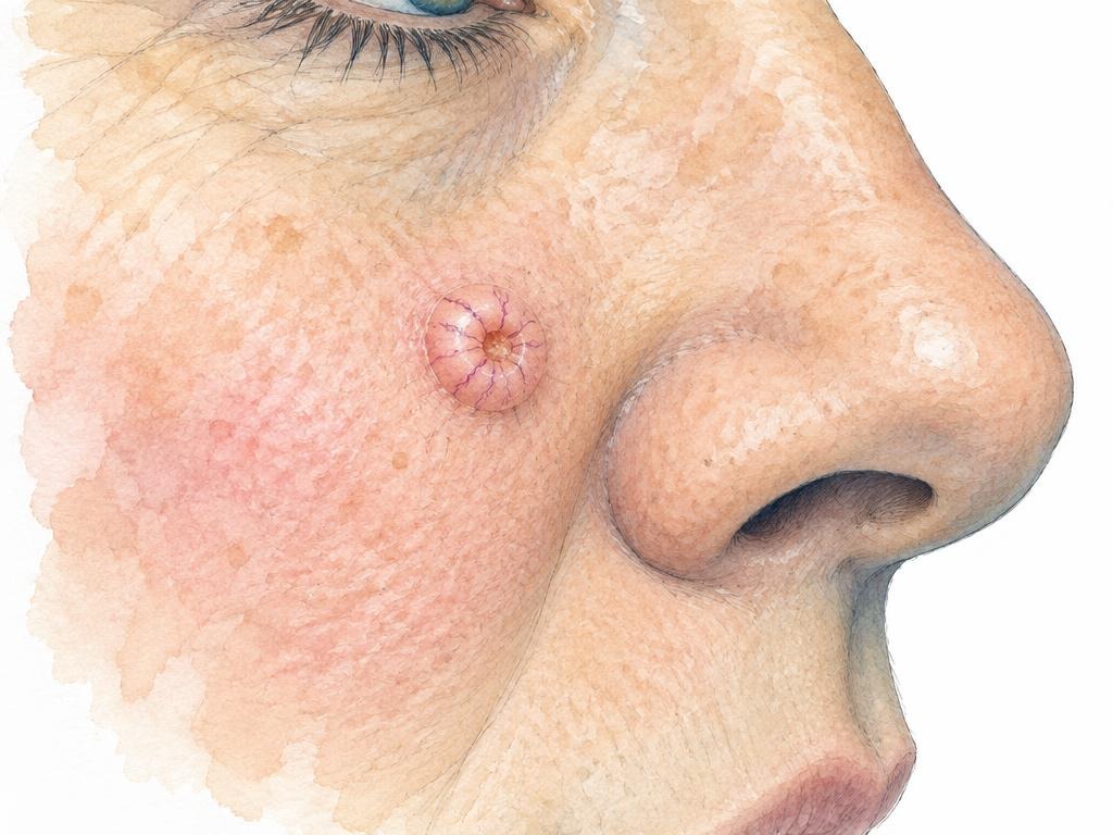 Farbige medizinische Zeichnung eines perlmuttfarbenen Knötchens mit feinen Gefäßen auf der Wange