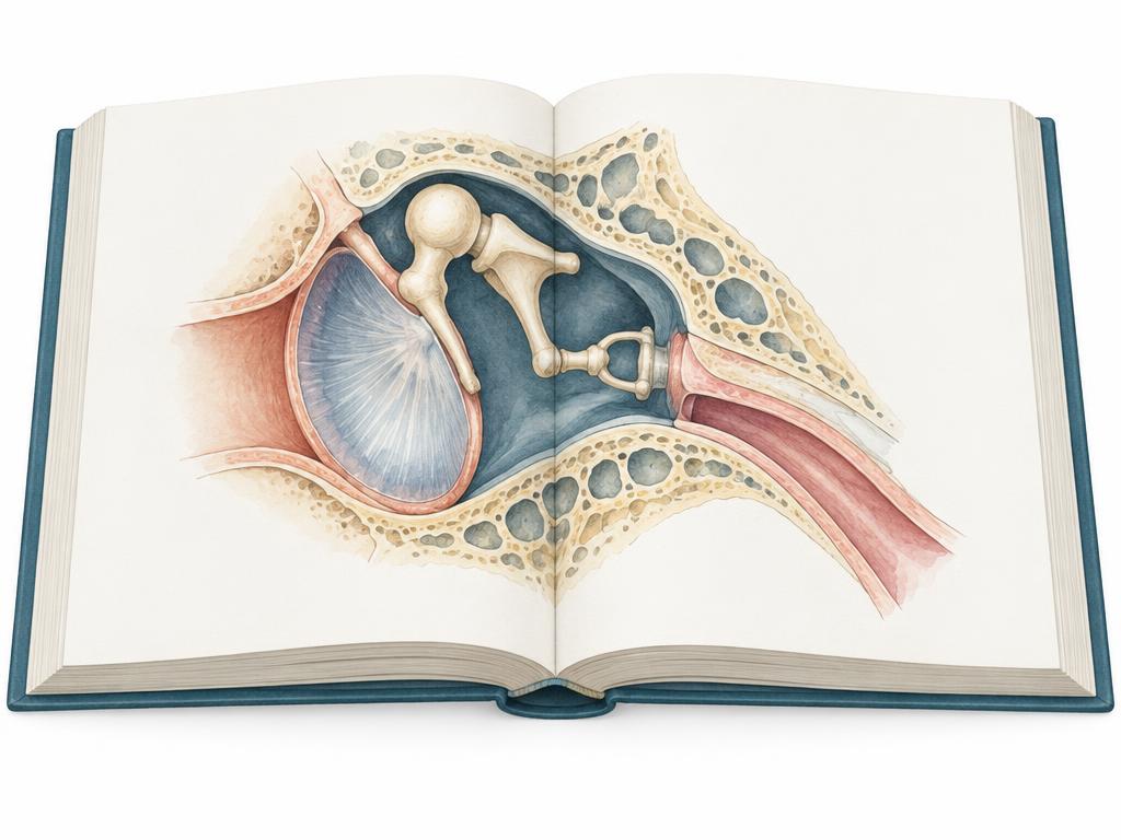 Zeichnung: aufgeschlagenes Lehrbuch mit anatomischer Illustration des Mittelohrs