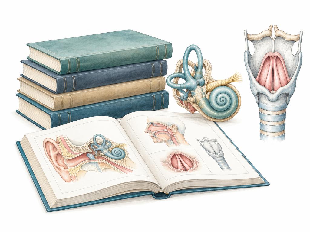 Zeichnung: Bücherstapel mit aufgeschlagenem Band neben Cochlea-Modell und Kehlkopfskizze