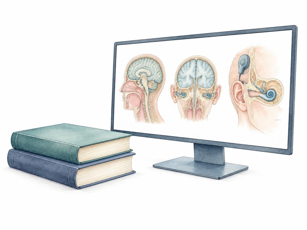 Zeichnung: Bücherstapel neben einem Monitor mit Schichtaufnahmen des Kopfes und einem Hörimplantat