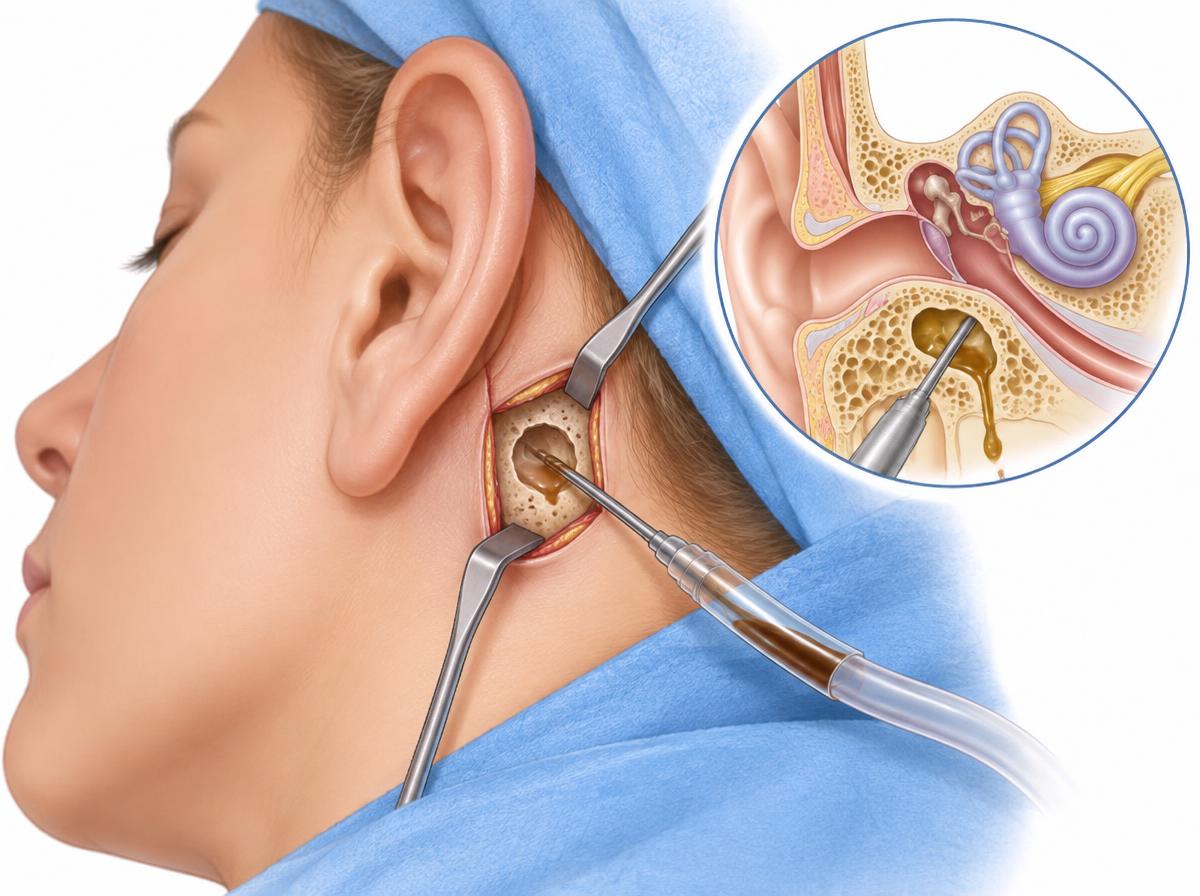 Farbige Zeichnung einer Operation hinter dem Ohr: Halteinstrumente öffnen den Zugang, ein Knochenfenster unterhalb der Schnecke zeigt die dunkle Flüssigkeit, ein feines Sauginstrument leitet sie ab