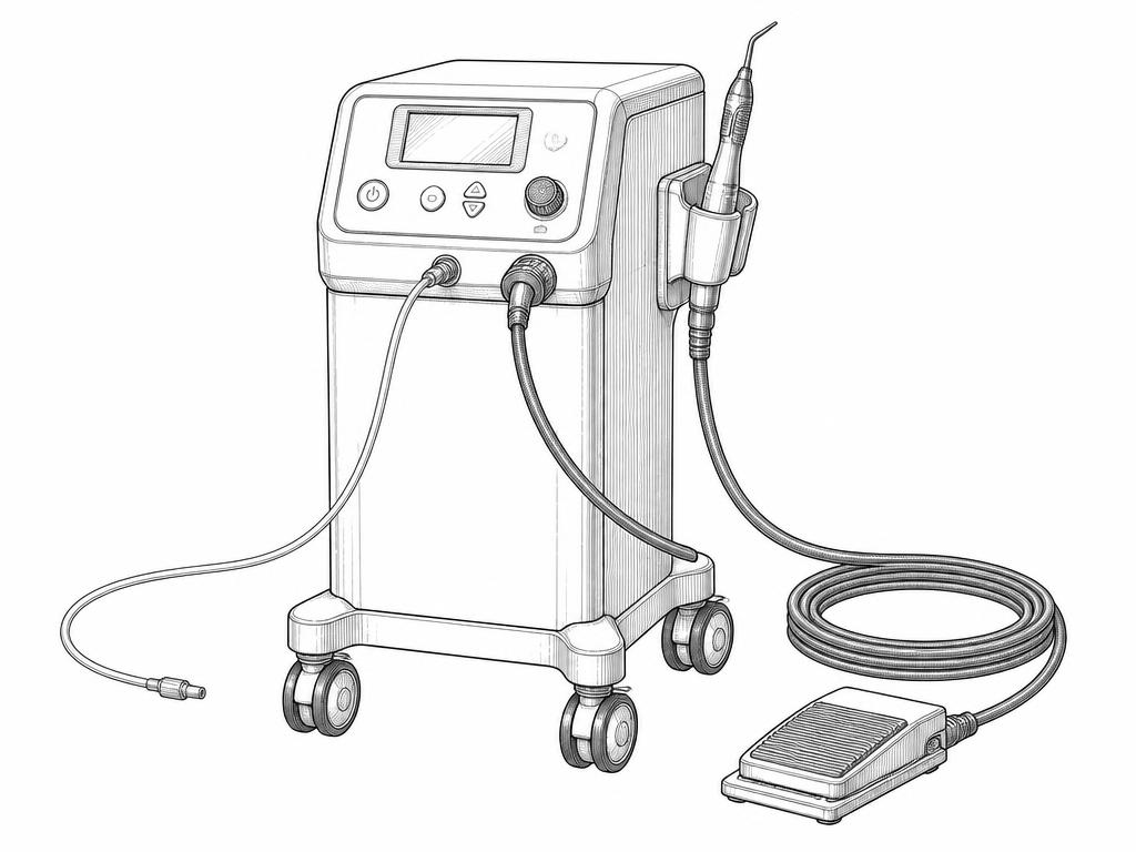 Zeichnung: mobiles Ultraschall-Aspirationssystem mit Bedienfeld, Handstück in der Halterung und Fußschalter