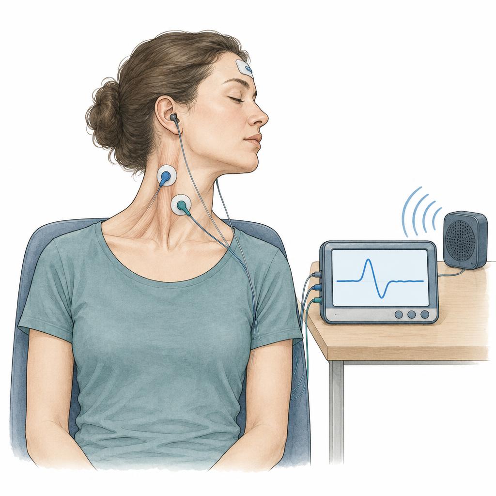 Zeichnung: sitzende Patientin mit nach einer Seite gedrehtem Kopf und angespanntem Halsmuskel; Elektroden auf dem Hals und an der Stirn, ein Hörtelefon im Gehörgang; ein Kabel führt zu einem Messgerät auf dem Tisch, dessen Bildschirm eine Messkurve mit deutlichem Gipfel und Tal zeigt
