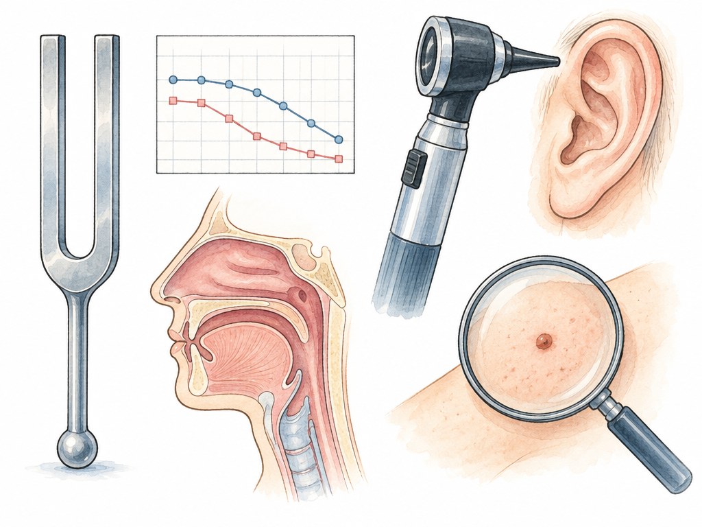 Zeichnung: Stimmgabel, Hörkurven-Chart, Otoskop und Lupe über einem Muttermal