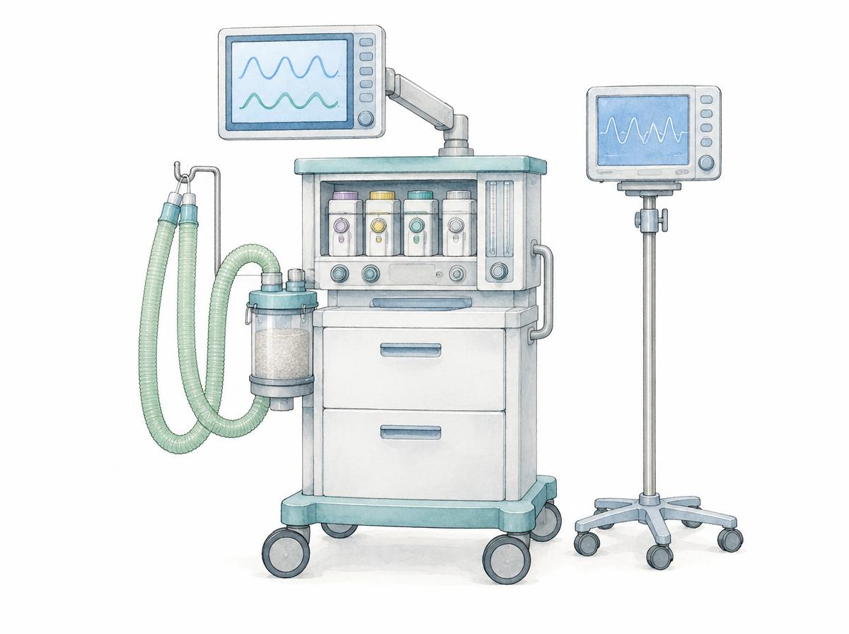 イラスト：2つの引き出し区画、2本の波形を表示する大型画面、前面の気化器のつまみ、フックに掛けられた2つのホース接続口を備えたキャスター付き麻酔器。その横にはスタンドに取り付けられた患者モニターがある