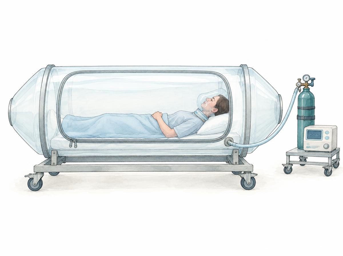 Illustration: a patient lies in a small cylindrical single-person pressure chamber with a transparent window and an oxygen mask; a hose connects the chamber to an oxygen cylinder and a small monitor