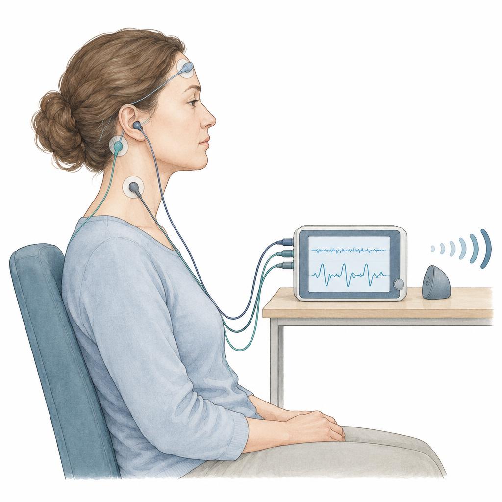 Zeichnung: sitzende Patientin im Profil mit Elektroden an Stirn, hinter dem Ohr und am Hals sowie einer feinen Sonde im Gehörgang; ein Kabel führt zu einem Messgerät auf dem Tisch, dessen Bildschirm zwei übereinander dargestellte Messkurven mit einer deutlich höheren unteren Kurve zeigt