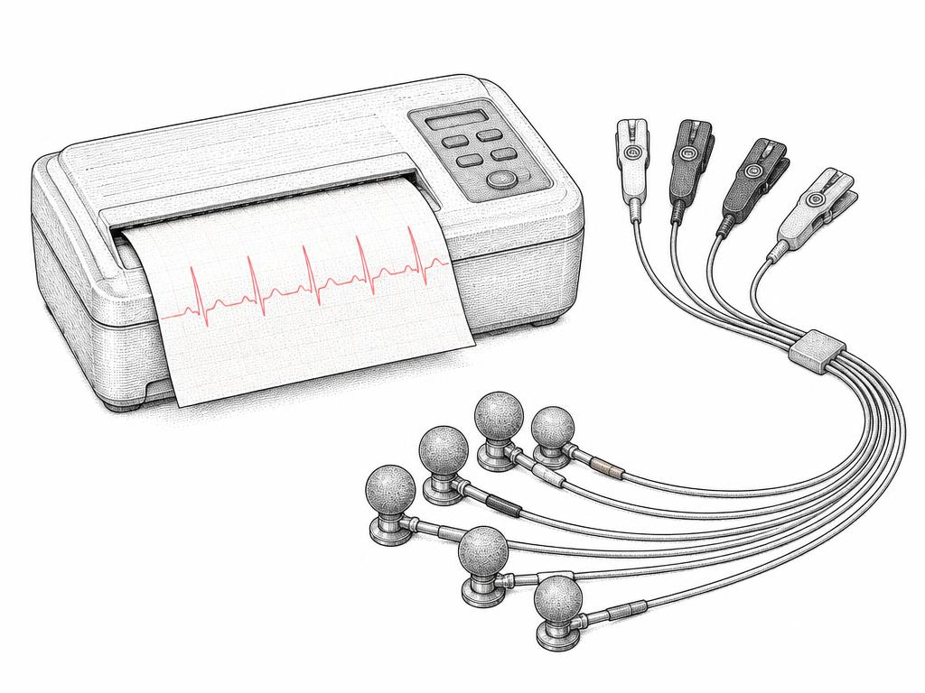 Zeichnung: EKG-Gerät mit Papierstreifen und Herzkurve, dazu Elektroden mit Zuleitungen