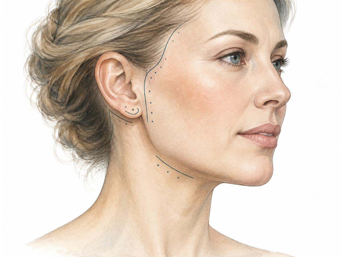 Farbige Zeichnung eines Gesichts in Drei-Viertel-Profil mit feinen Linien für einen Facelift-Schnitt entlang Schläfe, vor dem Ohr, um das Ohrläppchen und in den Haaransatz sowie einer Linie unter dem Kieferwinkel