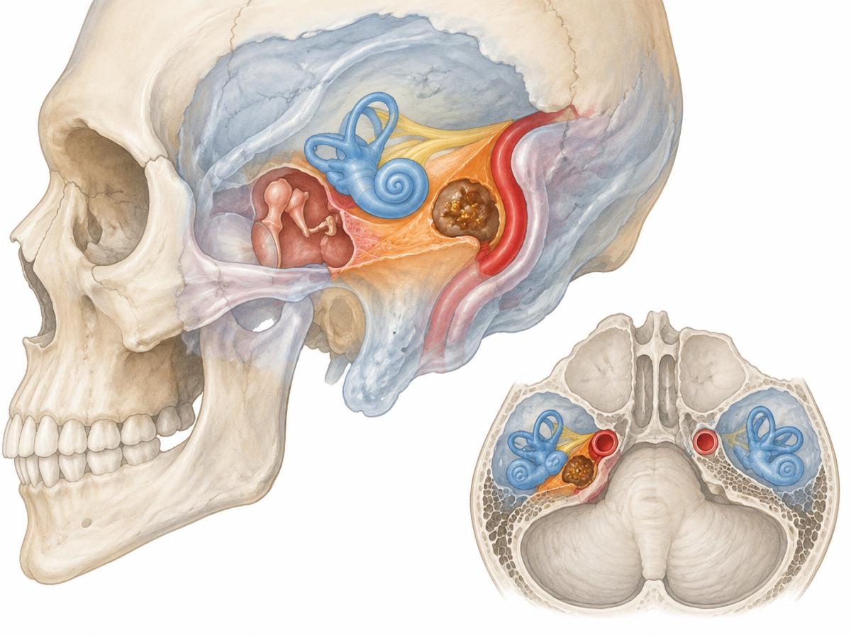 Farbige Zeichnung der Felsenbeinspitze: Schädelbasis von der Seite mit halbdurchsichtiger Schläfenbeinpyramide, an deren Spitze eine dunkelbraune Zyste mit goldenen Kristallglanzen zwischen Innenohr und Arterie liegt, darunter ein Axialschnitt mit der Lage der Zyste