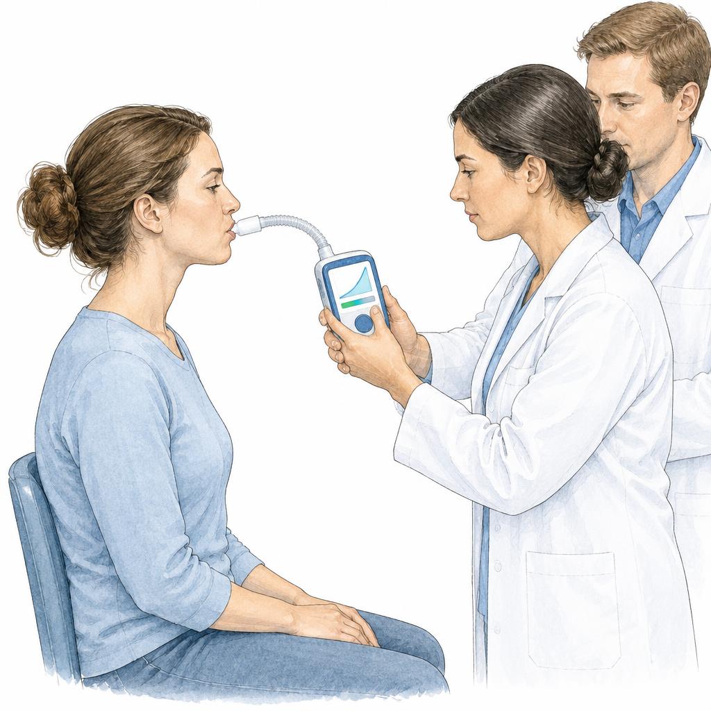 Zeichnung: sitzende Patientin im Profil atmet ruhig über ein Mundstück mit Schlauch in ein Handmessgerät; eine Behandlerin hält das Gerät, dessen Display eine Kurve zeigt