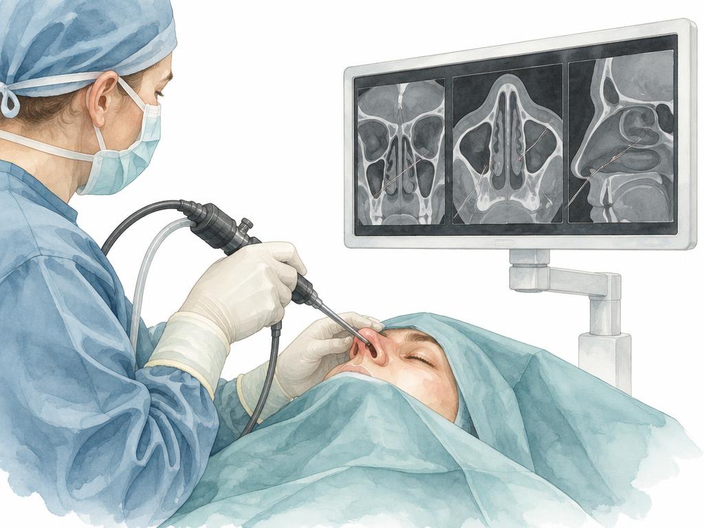 Zeichnung: Navigiertes Endoskop bei einer Nasenoperation, Monitor mit drei Schichtaufnahmen der Nasennebenhöhlen