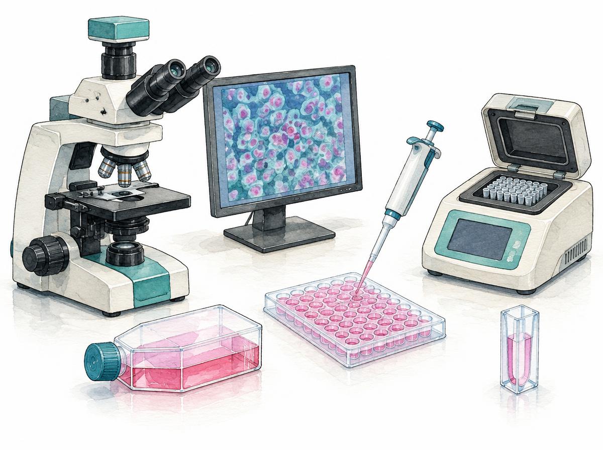 Zeichnung: Forschungslabor mit Mikroskop, Pipette, Mikroplatte, Zellkulturflasche und Thermalcycler