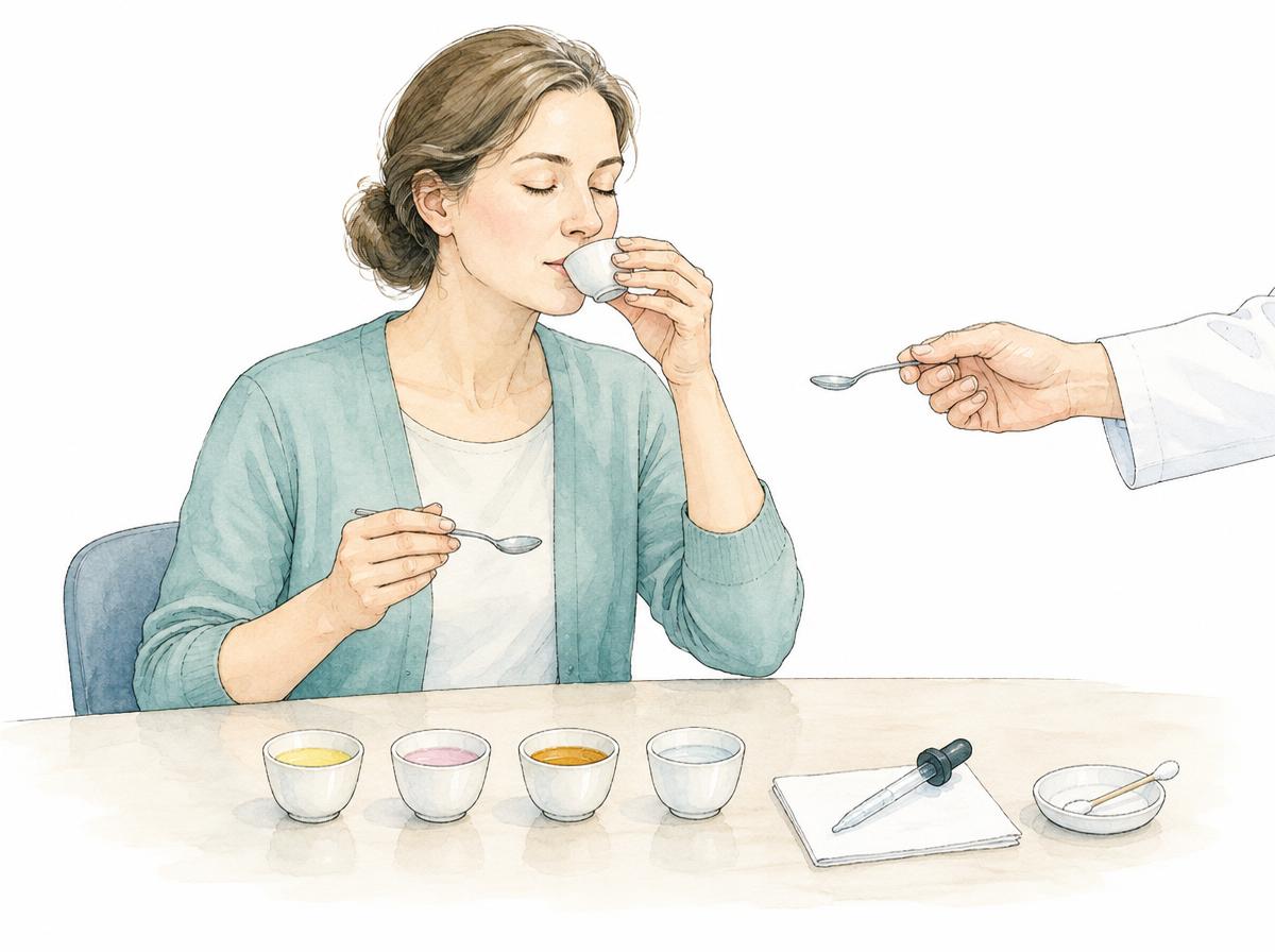 Illustration: a patient holds a small cup to the mouth and a small spoon in her hand; on the table stand four small cups with liquids in different tints, together with a dropper with a rubber bulb and a cotton swab