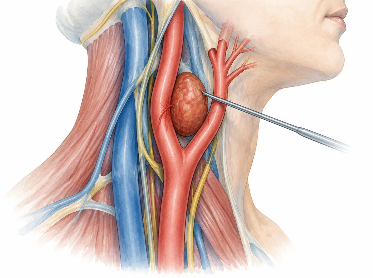 Farbige Zeichnung der rechten Halsseite: Aufteilung der Halsschlagader in innere und äußere Halsschlagader, dazwischen ein rotbrauner Glomus-caroticumtumor, der die beiden Gefäße auseinanderdrängt, mit einem feinen chirurgischen Instrument zur Trennung des Tumors von der Arterie
