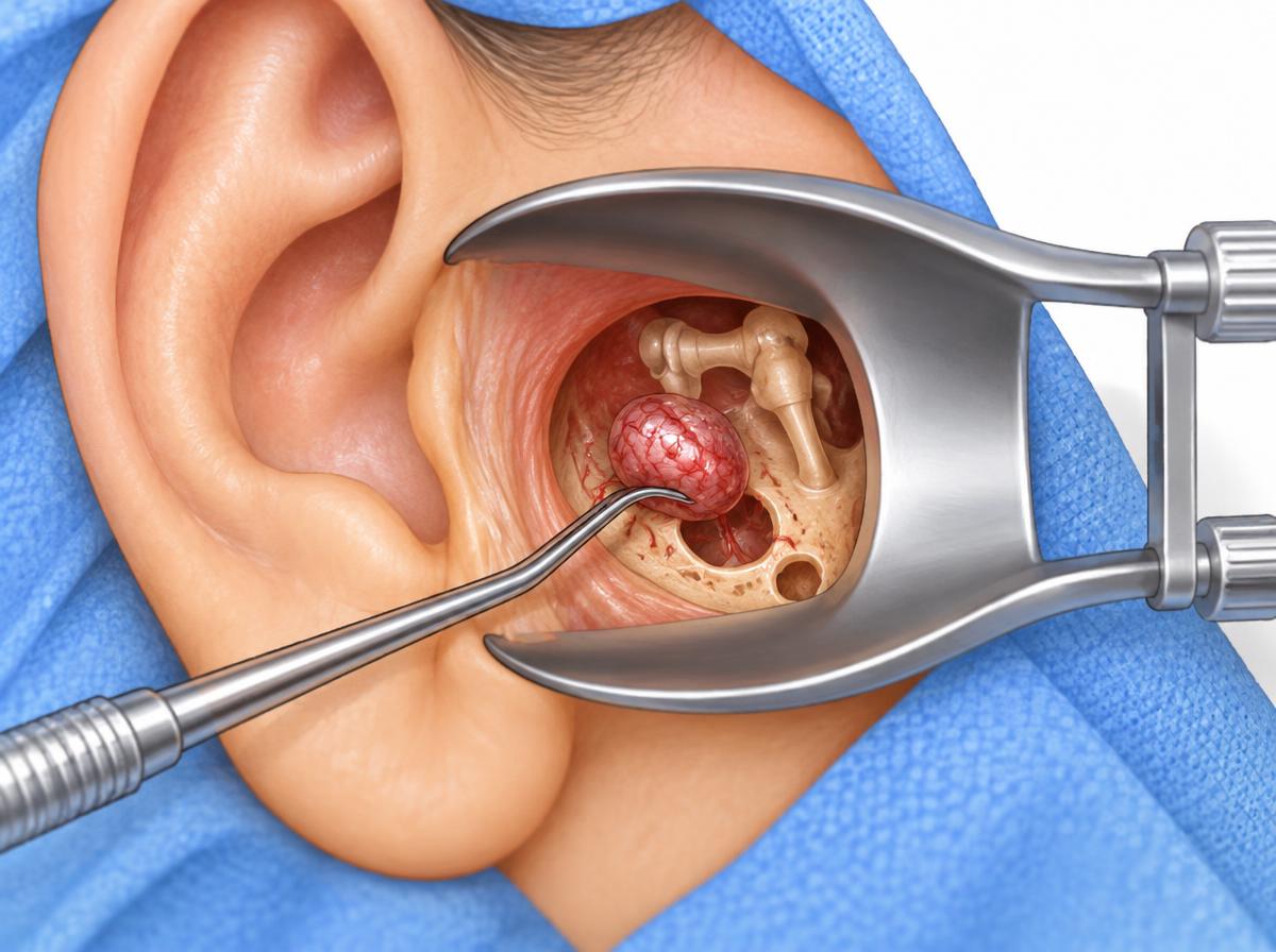 Farbige Zeichnung einer mikroskopischen Operation über den Gehörgang: ein Ohrtrichter öffnet den Kanal, ein feines Instrument hebt den roten Tumor vom Knochen ab