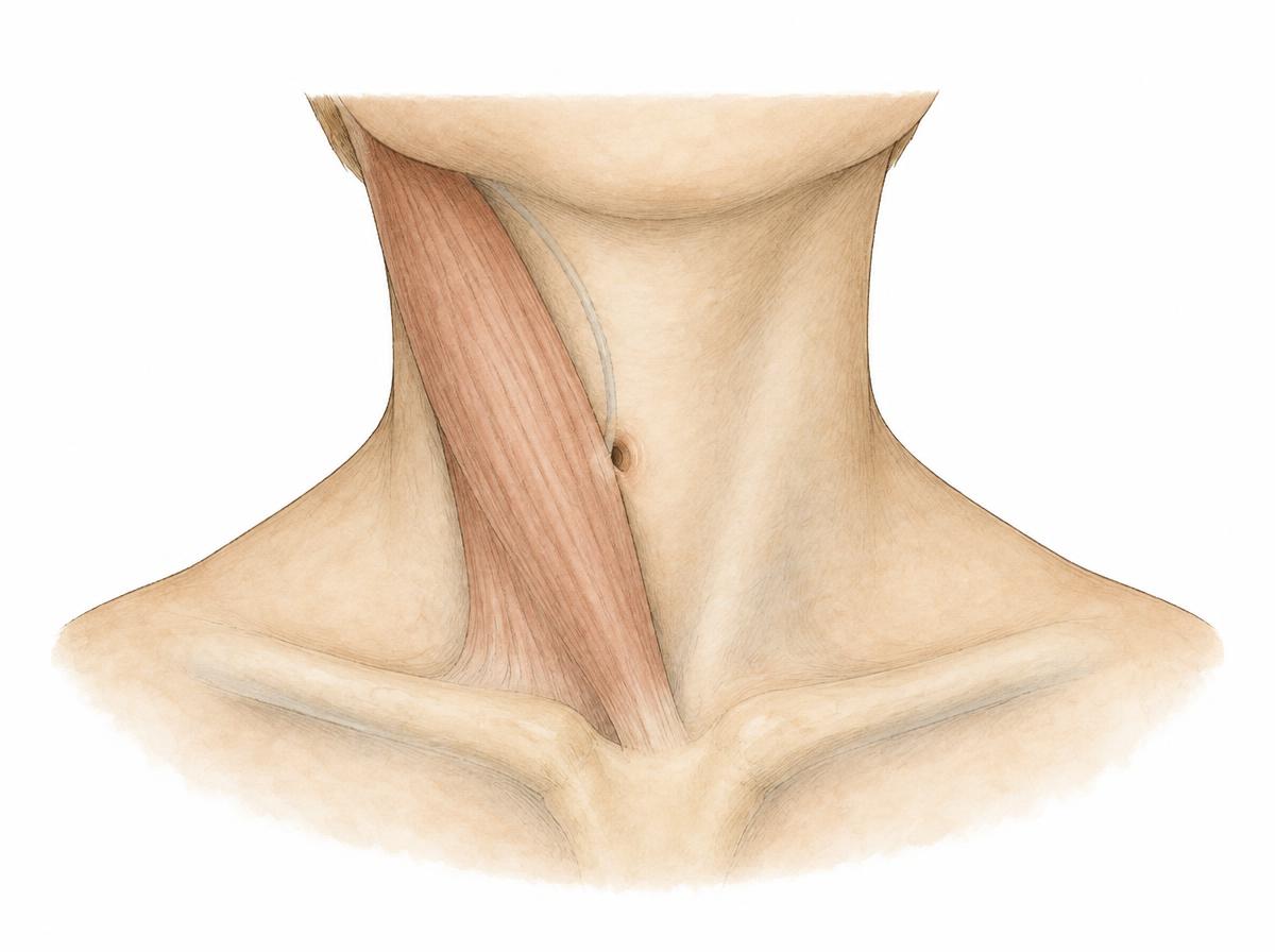 Farbige Zeichnung einer Halsansicht von vorn mit großem diagonal verlaufendem Halsmuskel und kleiner Öffnung an dessen vorderem Rand sowie einem nach innen und oben ziehenden feinen Gang