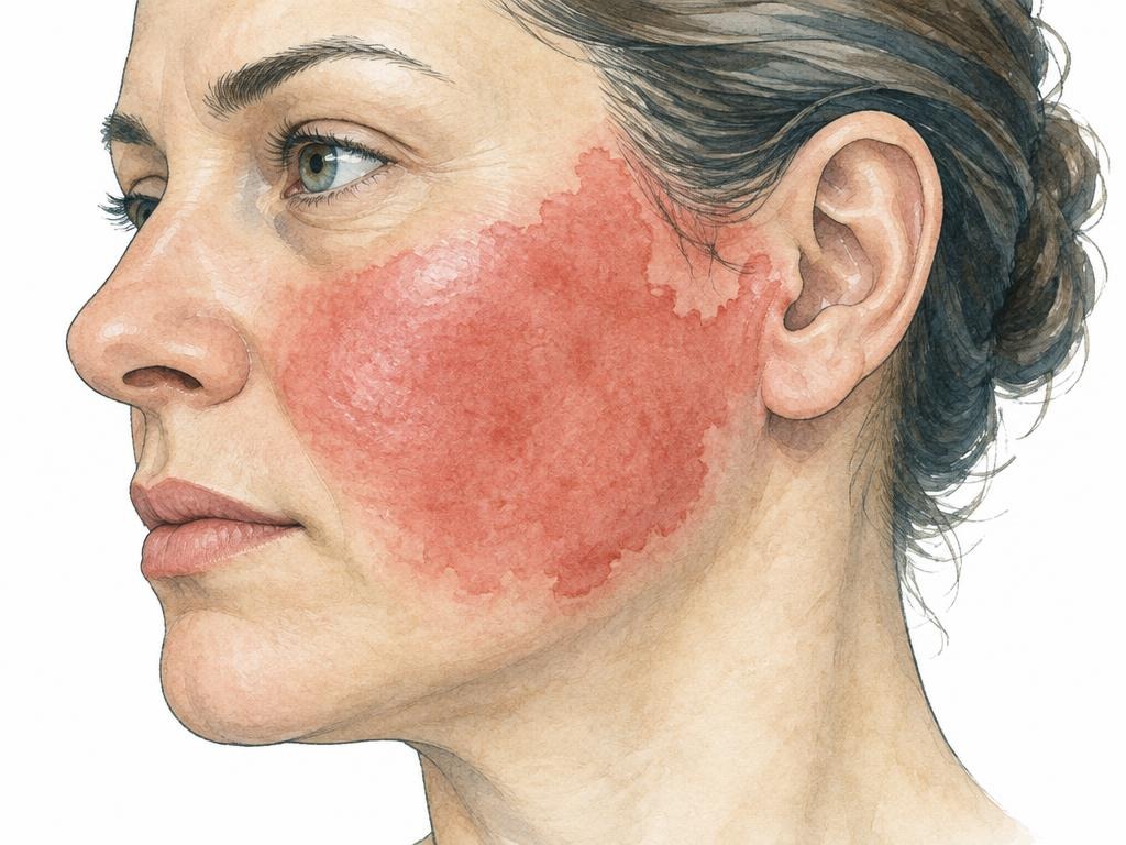 Farbige medizinische Zeichnung einer großflächigen, scharf begrenzten Rötung auf der Wange (Erysipel)