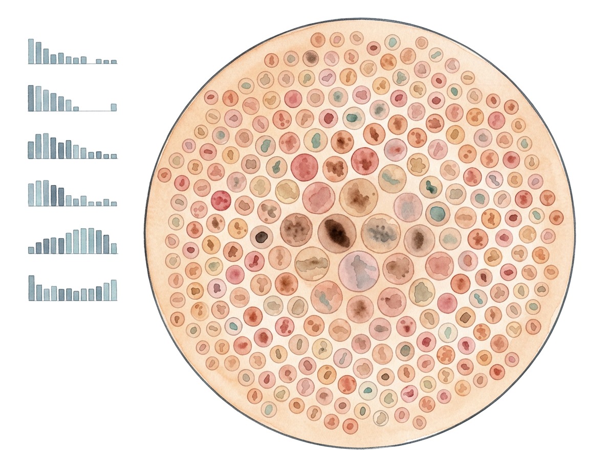Farbige Zeichnung einer computergestützten Hautkarten-Analyse mit vielen einzelnen Muttermalen und Messwert-Diagrammen