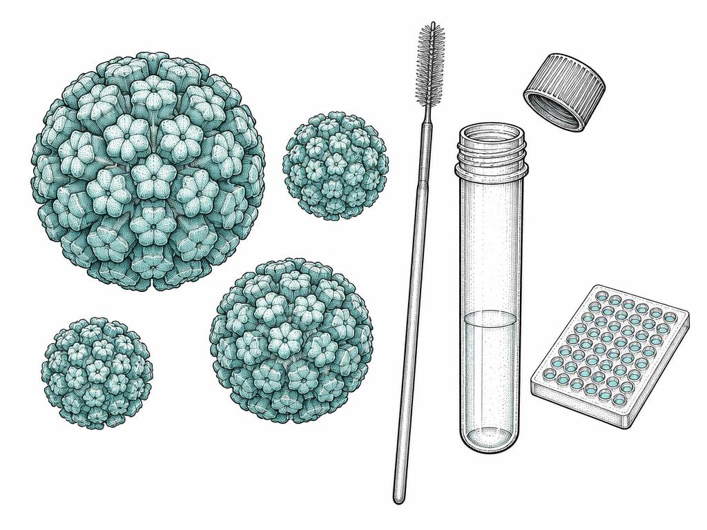 Zeichnung: HPV-Kapside, Abstrichbürste, Probenröhrchen und Nachweiskarte