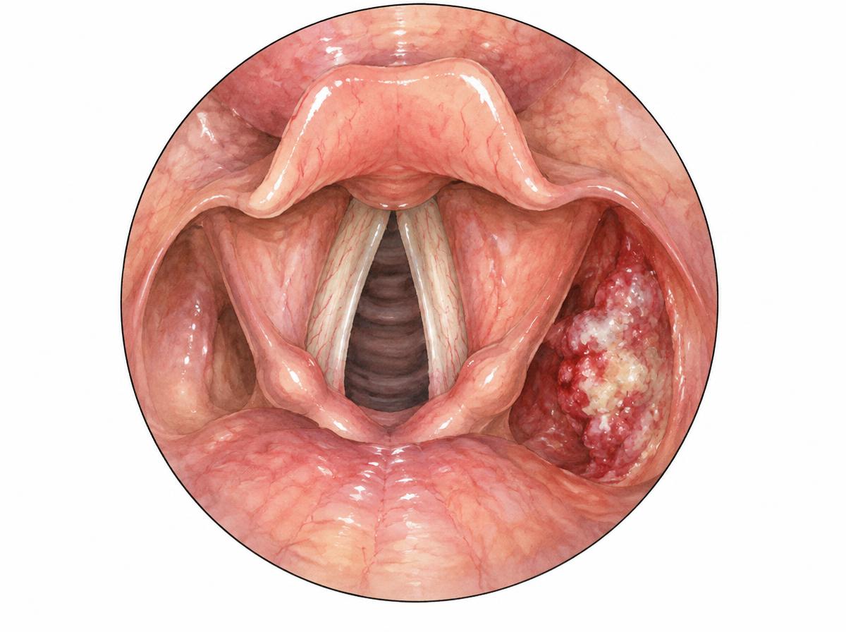 Zeichnung eines endoskopischen Blicks auf Kehlkopf und Hypopharynx mit einem Tumor im seitlichen Rachenabschnitt