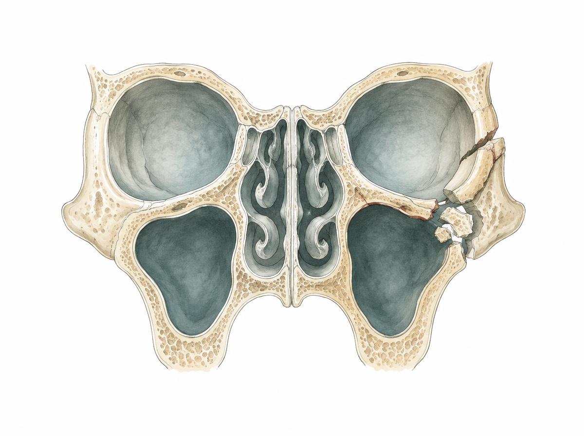 Zeichnung im Stil eines CT-Schnitts mit nach innen verlagertem Jochbein und Knochenstücken an der Augenhöhle