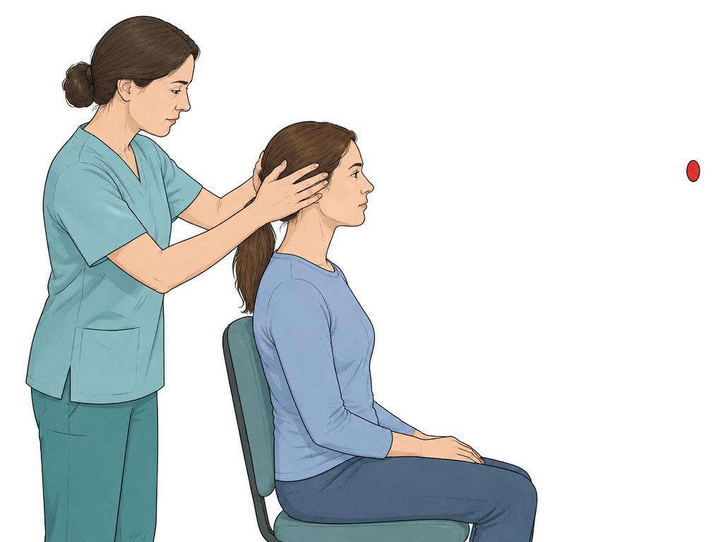 Farbige Zeichnung des Kopf-Impulstests: Eine Ärztin steht hinter einer aufrecht sitzenden Patientin im Profil und hält deren Kopf mit beiden Händen, während die Patientin auf einen roten Punkt auf Blickhöhe schaut