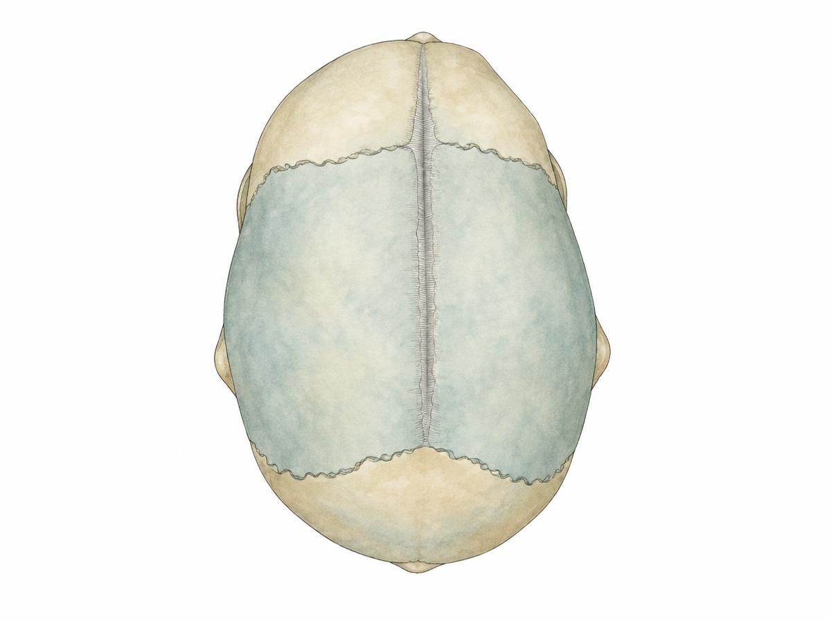 Farbige Zeichnung eines kindlichen Schädels von oben mit frühzeitig verschlossener Schädelnaht und asymmetrischer Schädelform