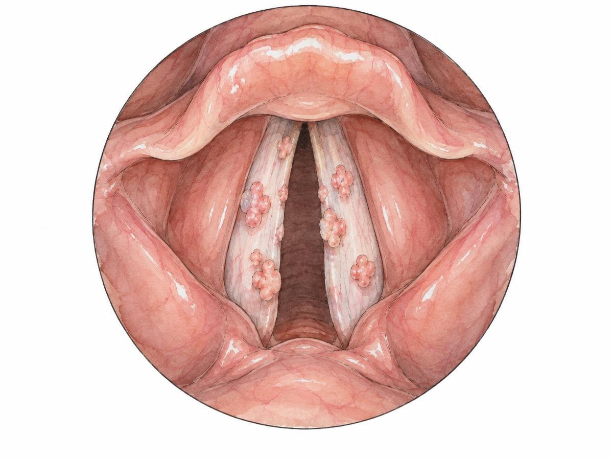 Zeichnung eines endoskopischen Blicks auf den Kehlkopf mit mehreren kleinen Papillomen an beiden Stimmlippen