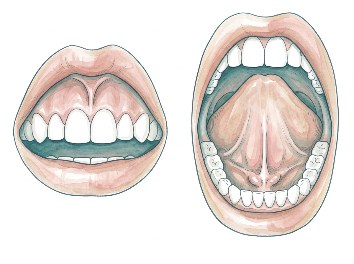 Vergrößerte farbige Detailzeichnung von oberem Lippenbändchen und Zungenbändchen
