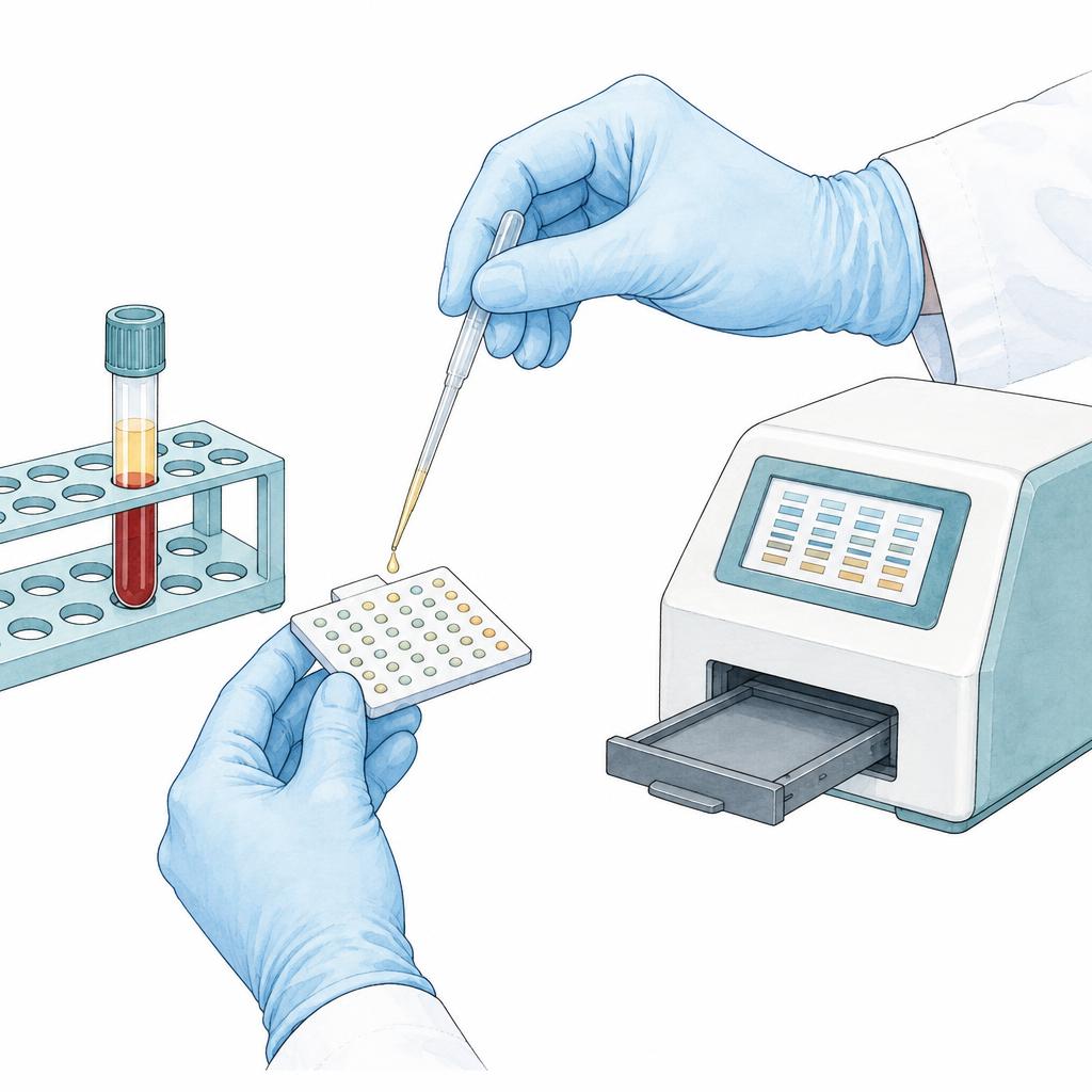 Zeichnung: Blutprobe im Röhrchen, eine Pipette gibt Serum auf einen kleinen Testträger mit vielen feinen Feldern für Allergene, daneben ein Auslesegerät mit Display