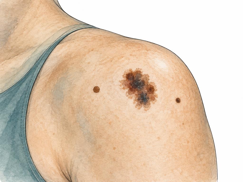 Farbige medizinische Zeichnung eines unregelmäßig gefärbten, dunklen Muttermals auf der Schulter