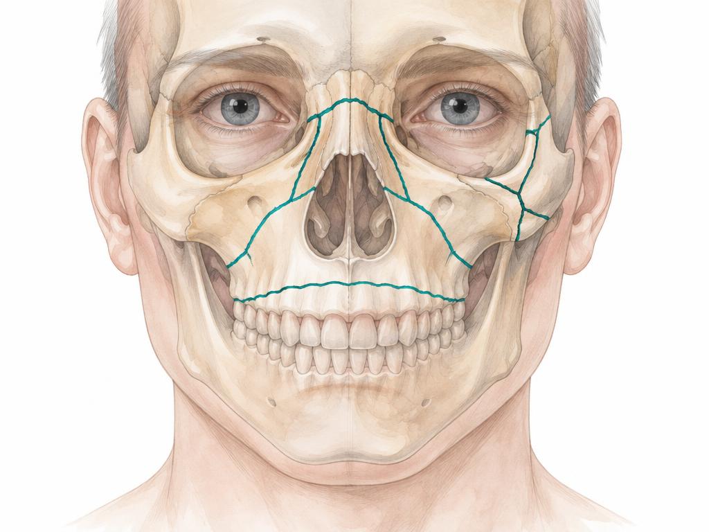 Farbige medizinische Zeichnung des Mittelgesichts mit typischen Bruchlinien