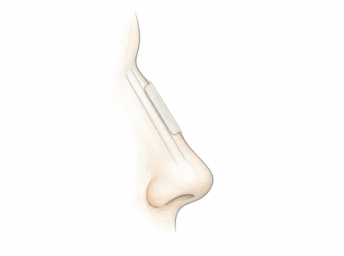 Farbige Zeichnung derselben Seitenansicht der Nase, in der die Nasenbeine wieder gerade ausgerichtet sind und eine schmale äußere Schiene über dem Nasenrücken liegt