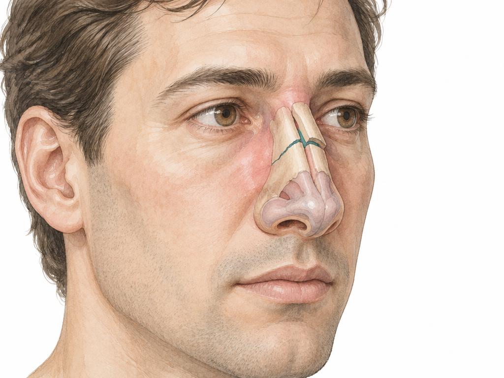 Farbige medizinische Zeichnung einer Nasenbeinfraktur mit verschobenem Nasenbein