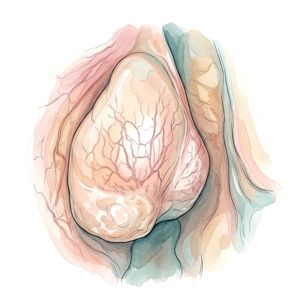 Farbige medizinische Zeichnung: endoskopischer Blick in die Nasenhaupthöhle mit einem Nasenpolyp