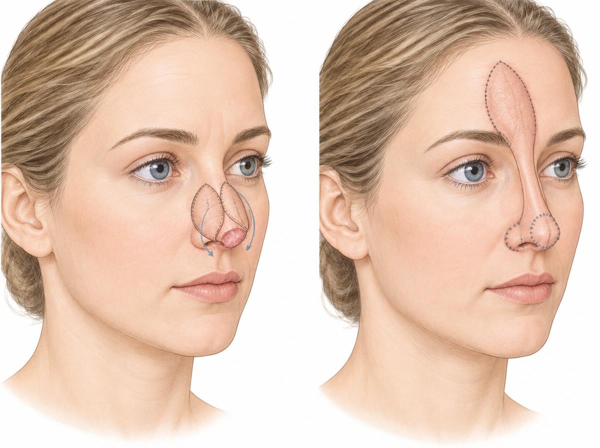 Farbige Zeichnung: Rekonstruktion der äußeren Nase – links ein doppelt gelappter Lappen am Nasenrücken, der über die Nasenspitze rotiert, rechts ein gestielter Stirnlappen, der über eine Brücke an der Stirn die Nasenspitze versorgt