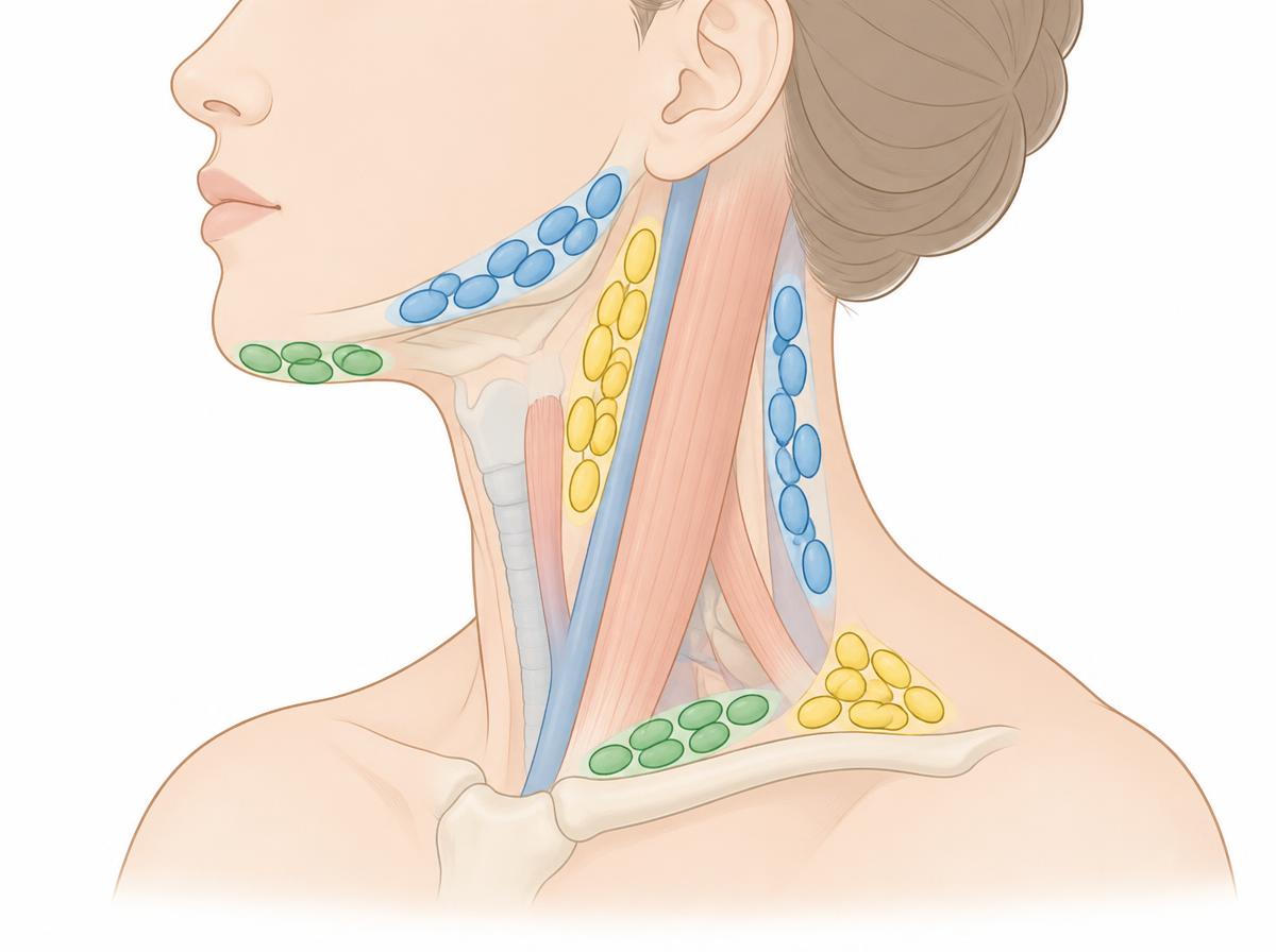 Anatomische Zeichnung des Halses im Seitenprofil mit farbig markierten Gruppen der Halslymphknoten ohne Beschriftung