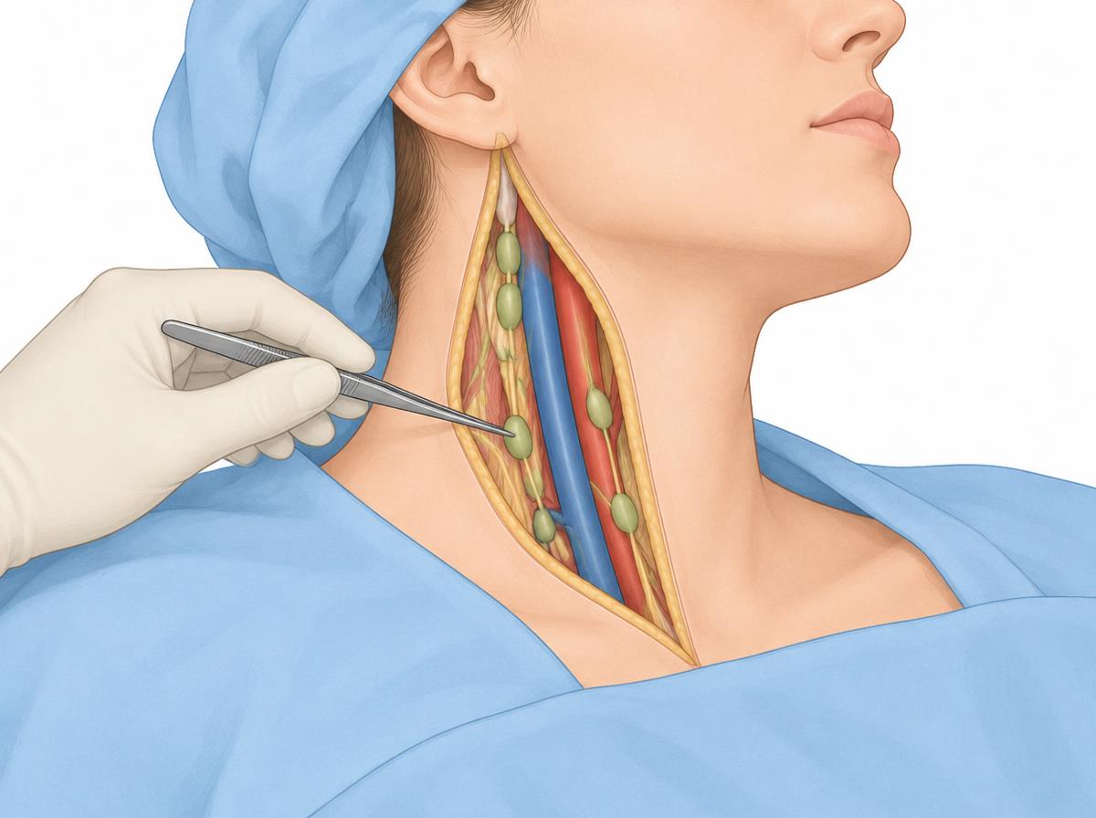 Farbige Zeichnung einer Operation an der Seite des Halses: blau abgedeckter Patient, aufgeschlagener Hautlappen, entlang der großen Gefäße liegende Lymphknotenstationen, ein Handschuh hält ein feines Instrument