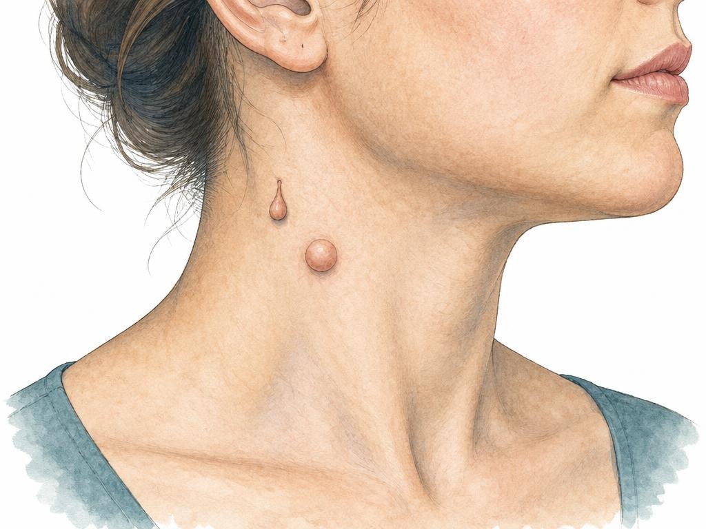 Farbige medizinische Zeichnung eines gestielten Hautanhangs und eines Fibroms am Hals