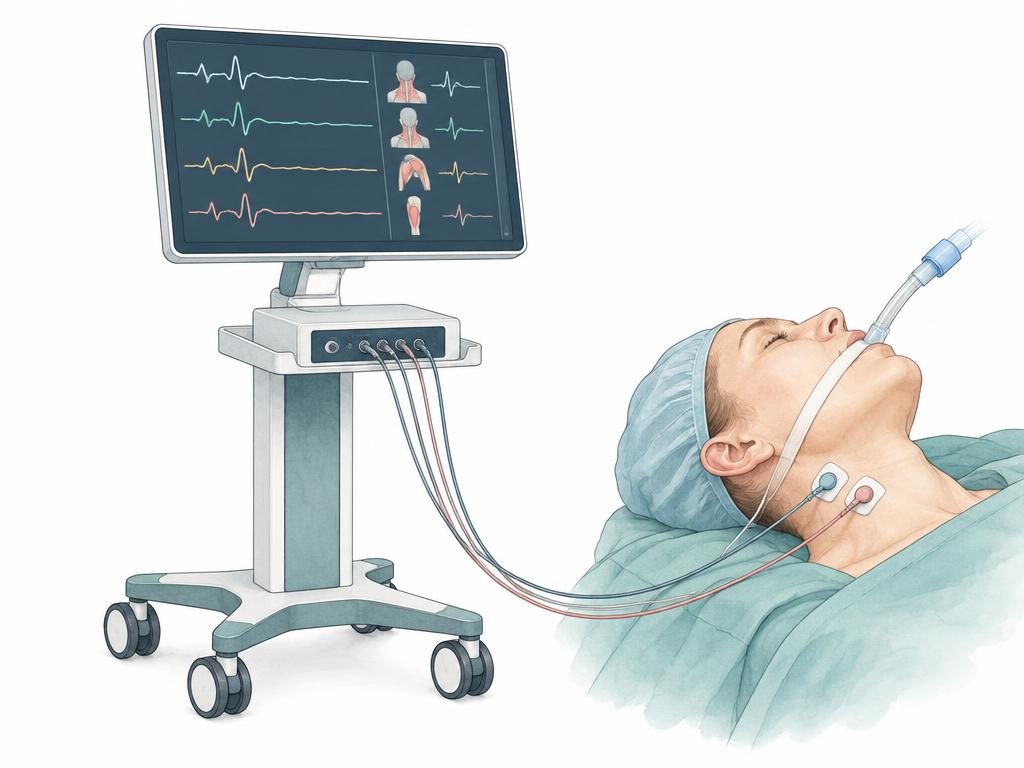 Zeichnung: Neuromonitoring-Gerät mit Bildschirm und Wellenkurven, über Kabel mit einem intubierten Patienten verbunden