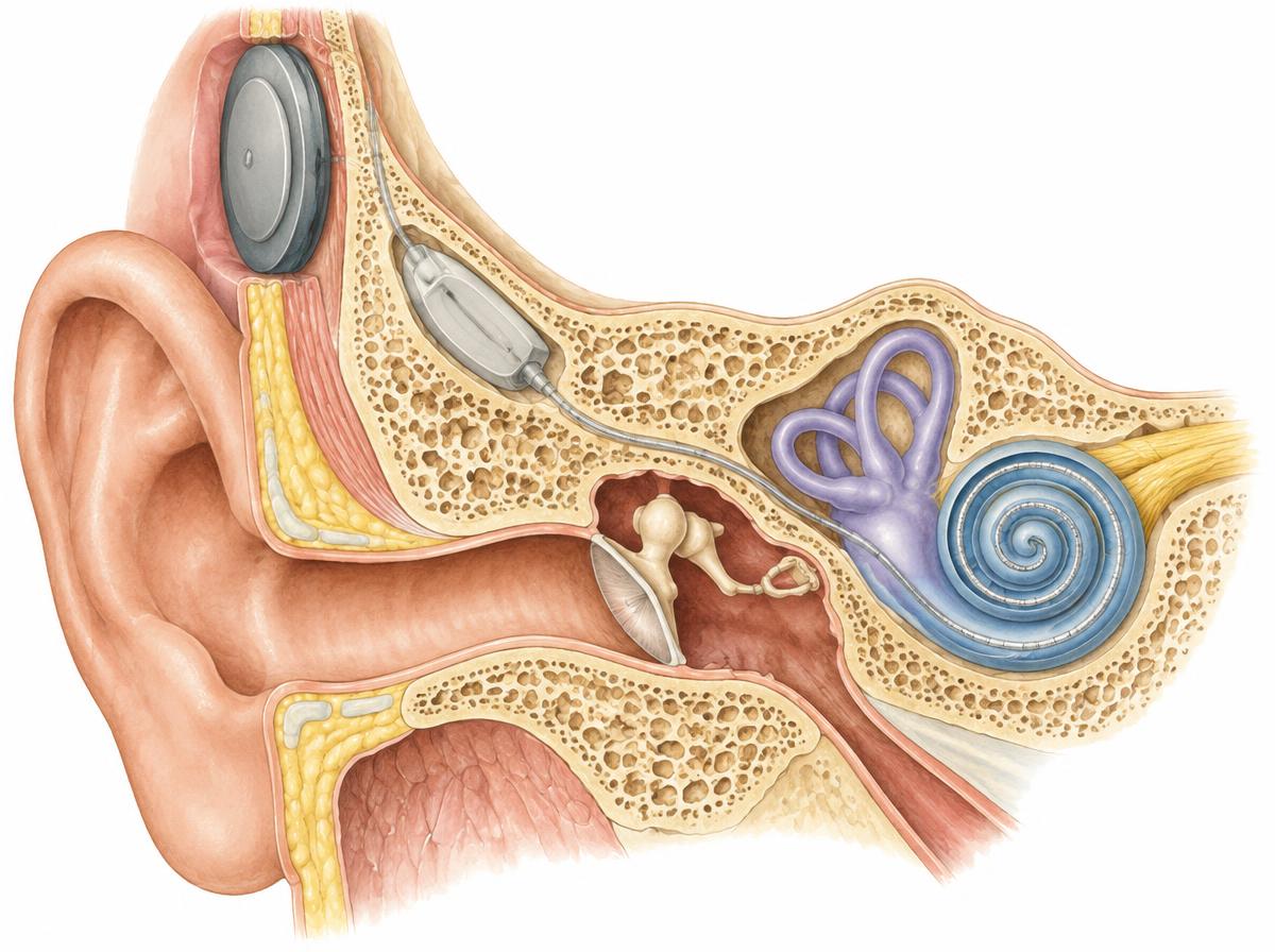 Farbige anatomische Zeichnung im Querschnitt des Schläfenbeins: Cochlea-Implantat mit Elektrode in der Schnecke des Innenohrs