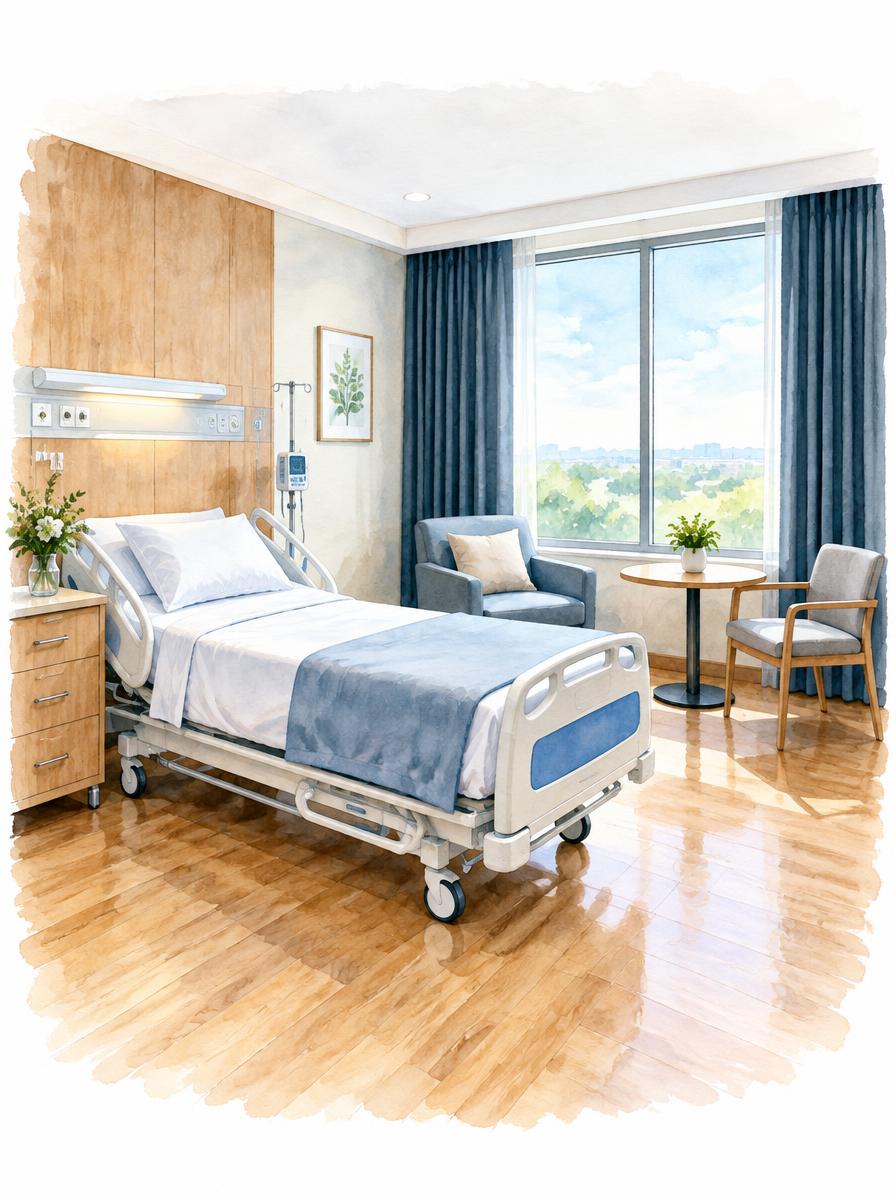 Farbige Zeichnung eines hellen Patientenzimmers der Privatklinik mit Bett, Sessel und Fenster