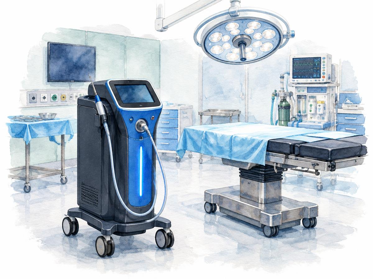 Farbige Zeichnung eines blauen Diodenlasers mit feinem Instrument auf einem Rollwagen im Operationssaal