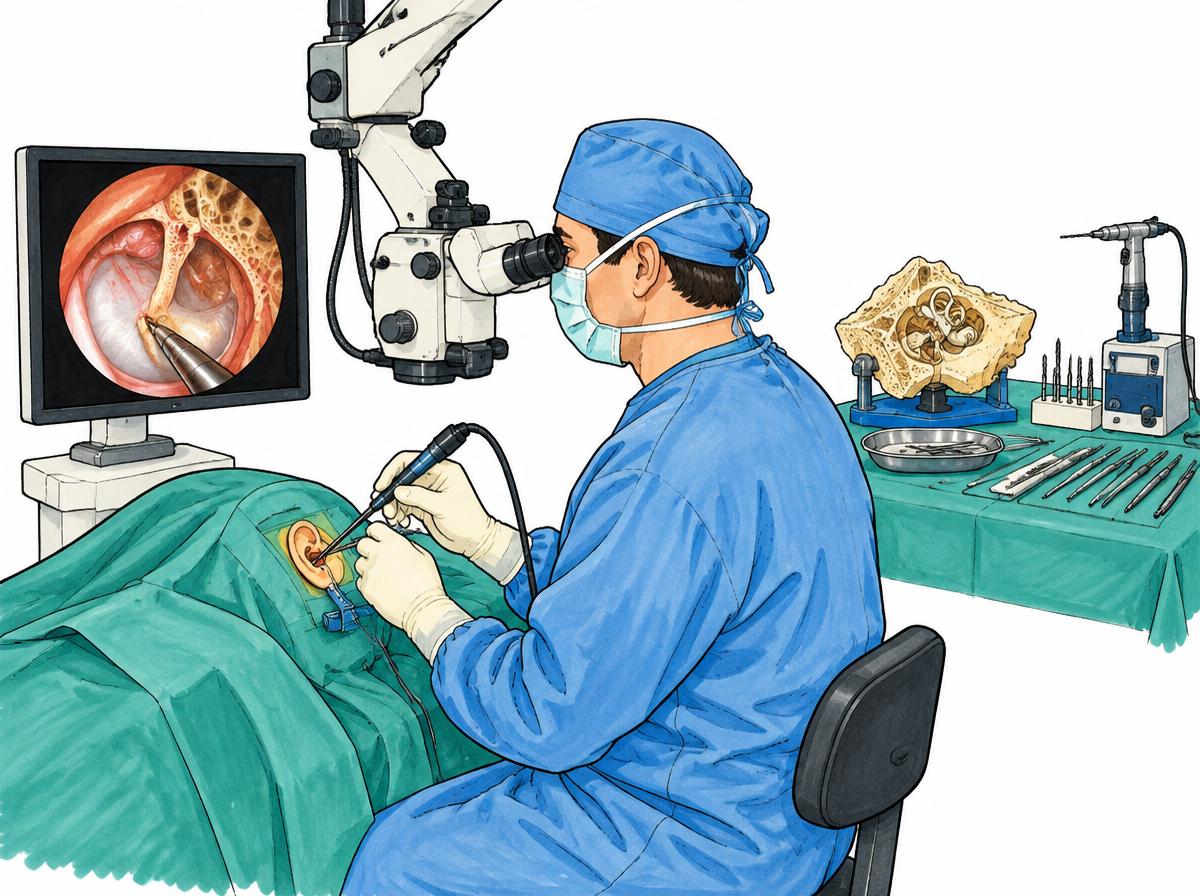 Farverig tegning: øreoperation med endoskop og operationsmikroskop ved en anatomisk dissektionsplads